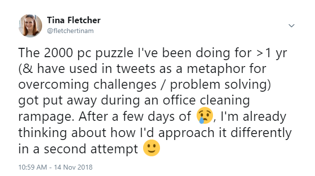 Tweet describing how the puzzle was put away during a cleaning rampage